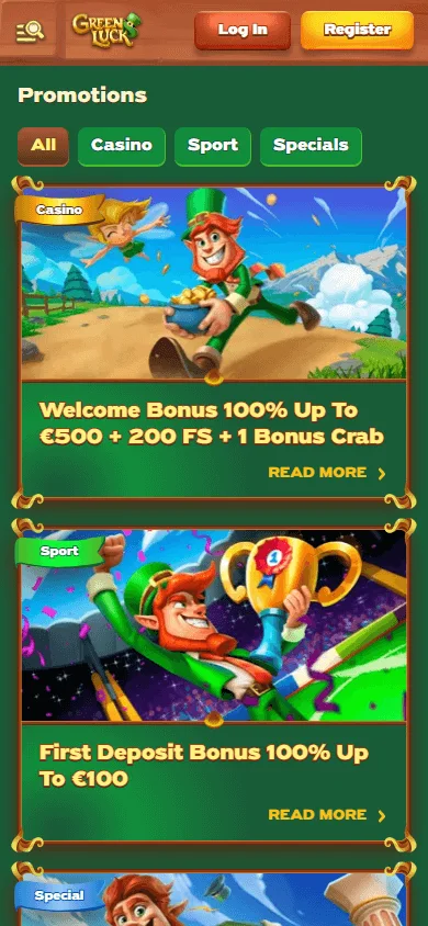 Green Luck Casino mobile browser promotions area with bonus offers