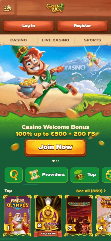 Green Luck Casino mobile browser home screen with the Australian welcome offer