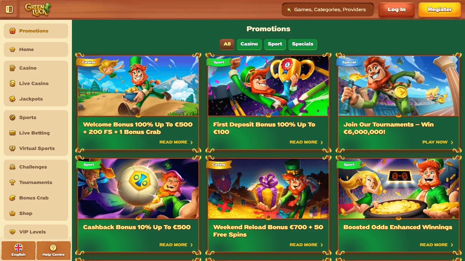Green Luck Casino desktop promotions area with bonuses and rewards
