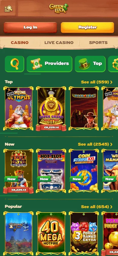 Green Luck Casino mobile browser games area with casino choices