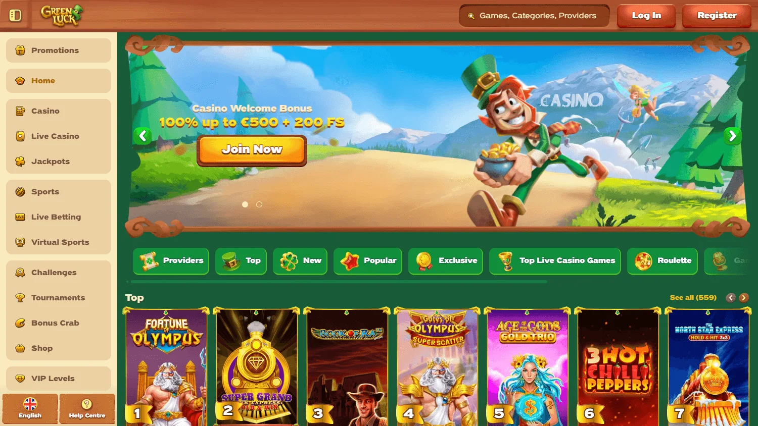 Green Luck Casino desktop home screen with the welcome offer and casino access
