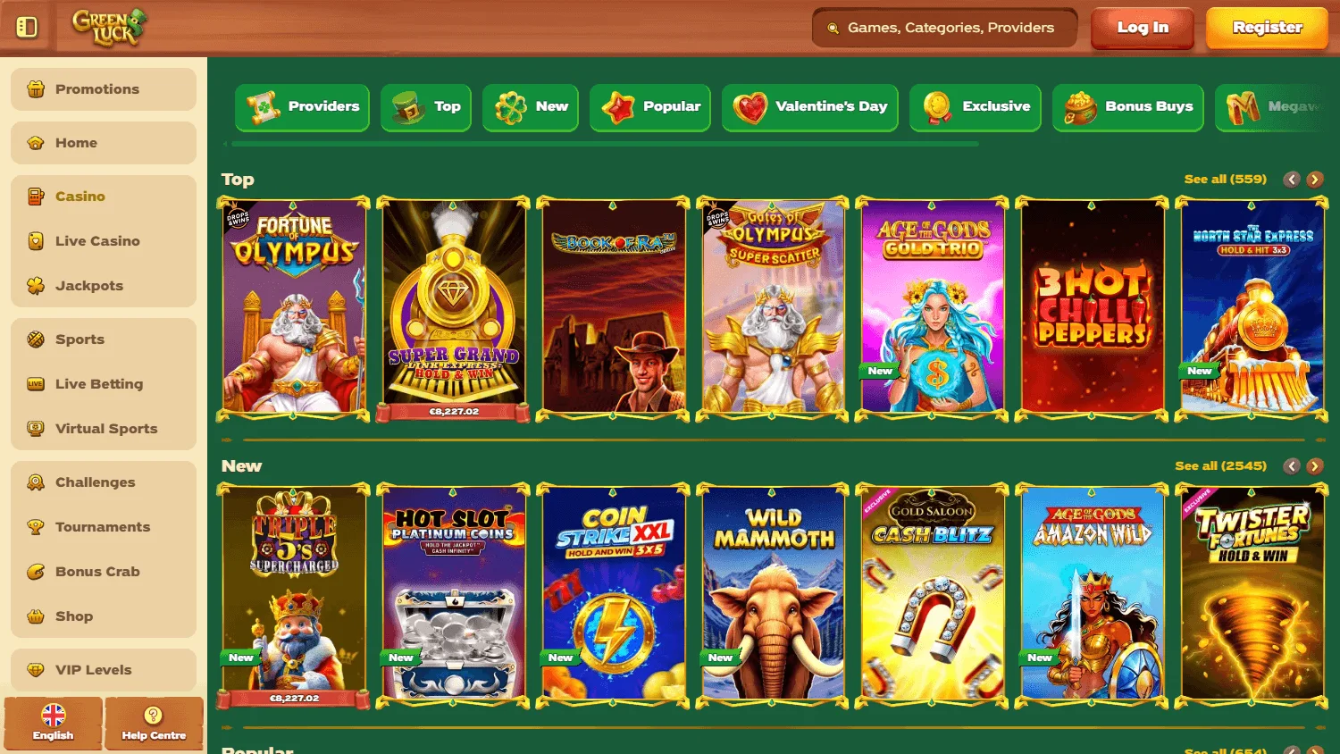 Green Luck Casino desktop games area with casino categories and titles